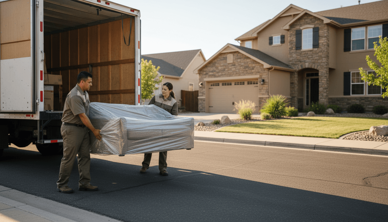 Professional movers carefully loading furniture into a moving truck in a Reno neighborhood