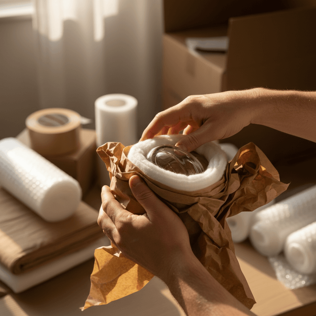 Professional packer carefully wrapping delicate item