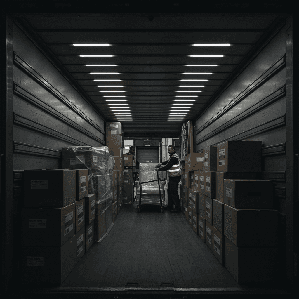 Interior of fully loaded moving truck showing organized placement