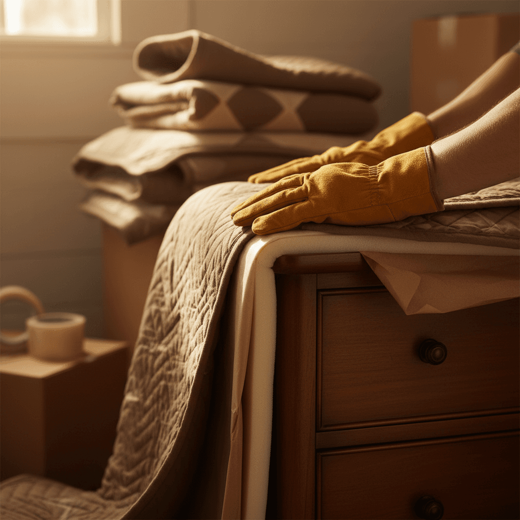 Careful packing of furniture with protective wrapping materials