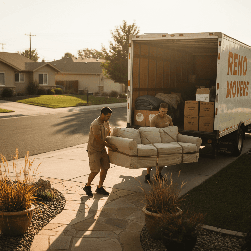 Local move in Reno with professional movers carrying wrapped furniture