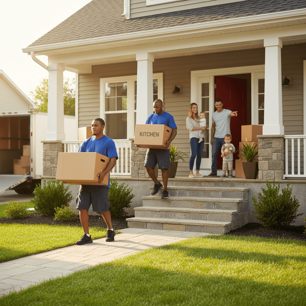 Movers carrying boxes into residential home